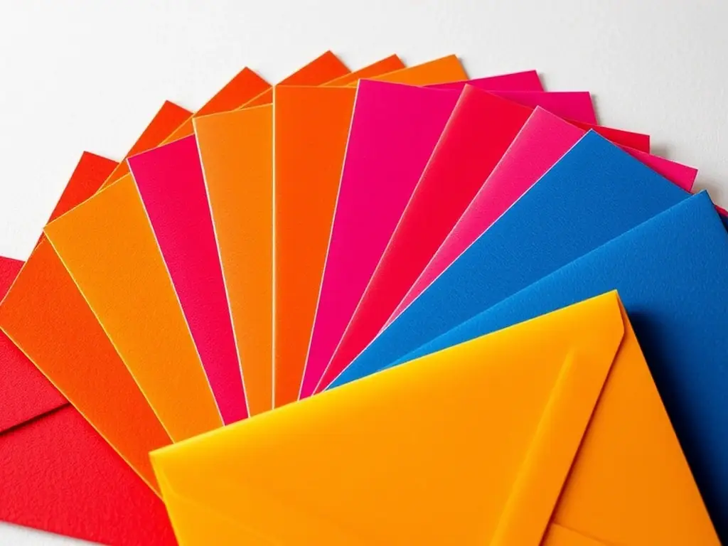 A detailed image of Colorful Invitation Envelopes from Lider Tarjeta's Premium Designs collection, showcasing the vibrant colors and high-quality paper. The envelopes are arranged in a fan shape to display the variety of hues.