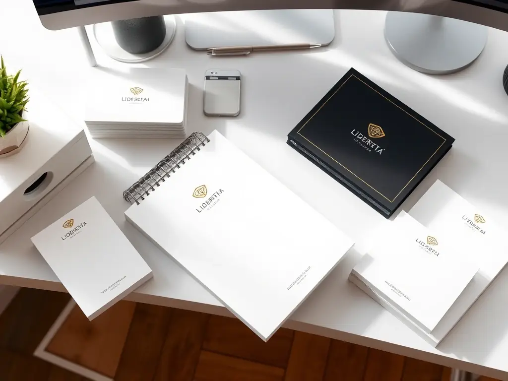 A high-angle shot of a Personalized Notepad Set from Lider Tarjeta's Premium Designs collection, featuring a custom logo and elegant design. The set includes multiple notepads of varying sizes, arranged neatly on a clean, modern desk.