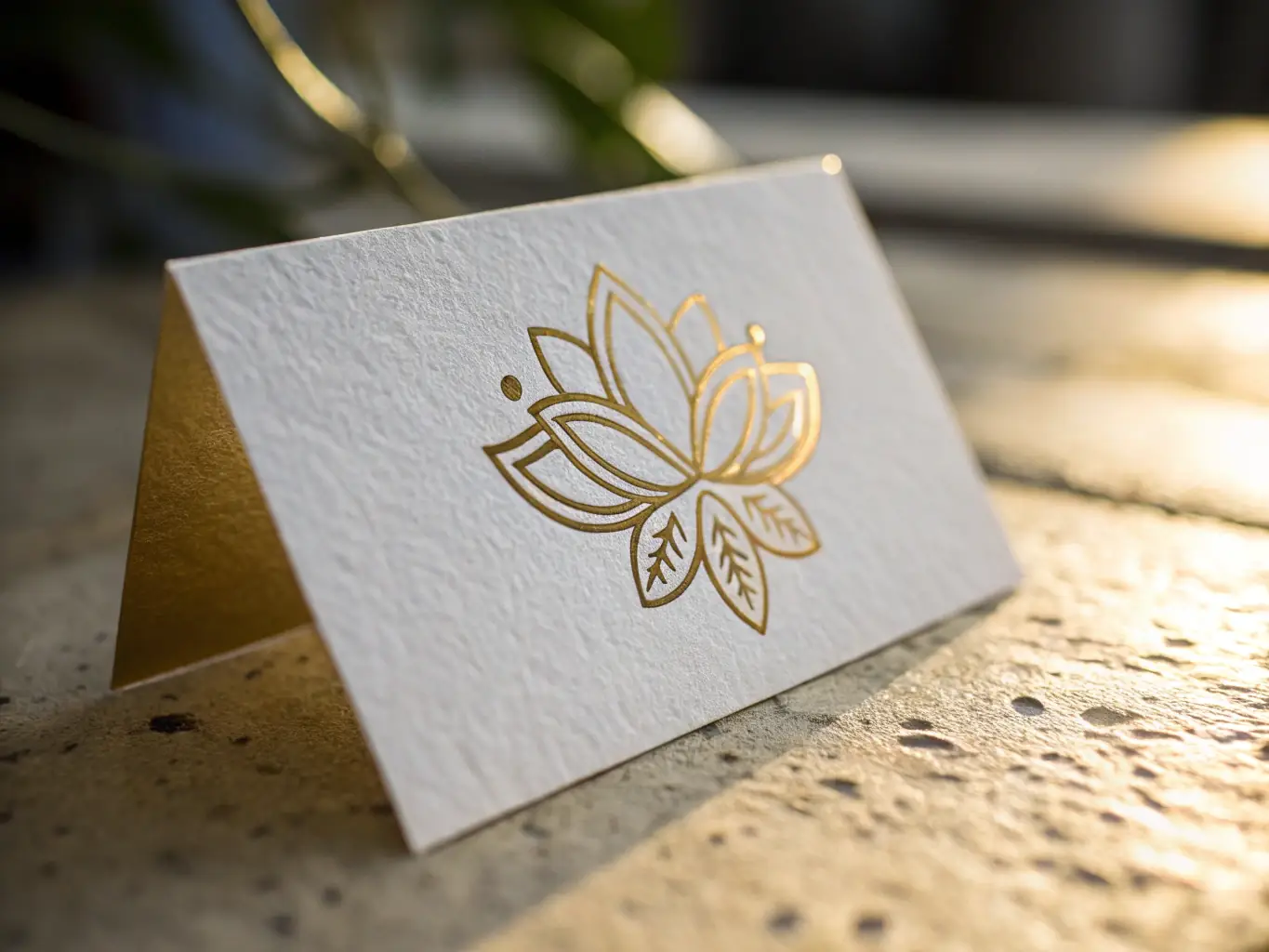 A close-up shot of an Elegant Gold Foil Business Card from Lider Tarjeta's Premium Designs collection, showcasing the intricate gold foil detailing and high-quality cardstock. The card is partially angled to catch the light, highlighting the luxurious finish.